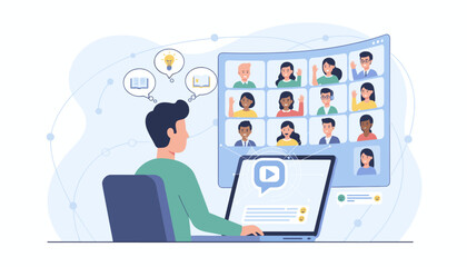 Online webinar concept, elearning web conference, learning and communication via video call, diverse group of people participating in a virtual meeting, remote education and teamwork, modern