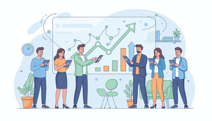 Diverse team of professionals collaborating around a digital dashboard displaying upward trending graphs and data analytics, symbolizing startup growth and business development in a modern office