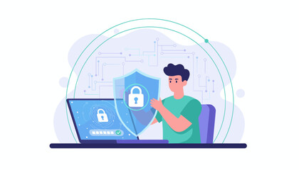 Digital security concept: a person holding a shield with a lock symbol in front of a laptop displaying a password entry field and a lock icon, representing secure login and authentication in the
