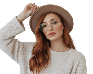 Young woman with red hair wearing a hat and glasses isolated on transparent background