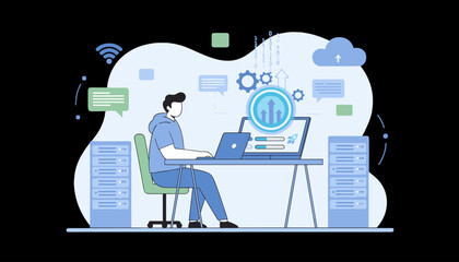 Modern flat illustration of a person working on a laptop, symbolizing software updates, upgrades, and technological progress with cloud integration, servers, and binary code elements, representing