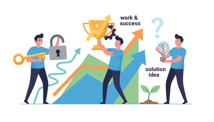 Business growth concept with characters representing problem-solving, idea generation, and success, featuring icons like a key, lock, trophy, lightbulb with brain, and upward trending graphs
