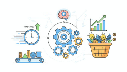 Vivid flat illustration of productivity concept, showcasing efficient work processes and effective resource management with gears, a clock indicating time saved, a conveyor belt, a brain symbolizing