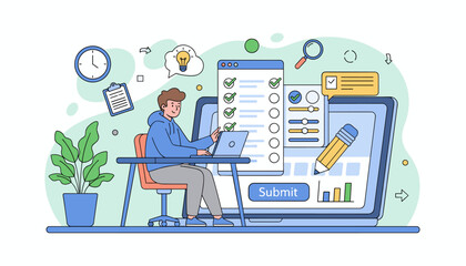 Modern flat illustration of a young man sitting at a desk and completing an online survey or evaluation form on his laptop, with checklist, progress bars, and submit button visible on screen