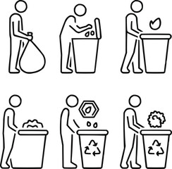 People and Rubbish Bin Outline Icons Set  Waste Management and Cleanup Symbols