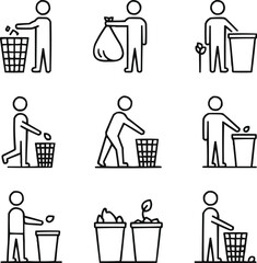 People and Rubbish Bin Outline Icons Set  Waste Management and Cleanup Symbols