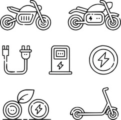 Electric Motorcycle Outline Icons Set  Eco Vehicle and Battery Energy Symbols