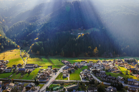 Scenic autumn landscape of Isolaccia resort in the Livigno Alps, Italy, Europe