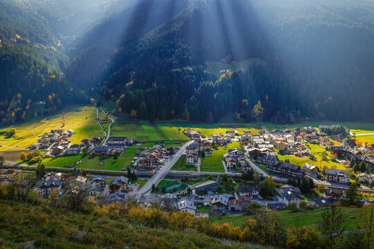 Scenic autumn landscape of Isolaccia resort in the Livigno Alps, Italy, Europe