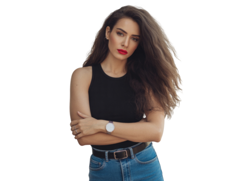 Young woman wearing black tank top and jeans isolated on transparent background