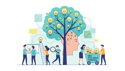 Conceptual illustration of idea development and progress, symbolizing creativity and innovation as a tree of light bulbs growing from a human head, with people collaborating and gathering new ideas