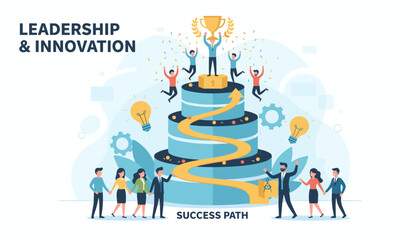 Vibrant vector illustration depicting leadership and innovation, showcasing a team climbing a tiered success path towards a golden trophy, symbolizing achievement, growth, and collaborative effort in