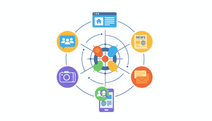 Vivid and colorful illustration depicting various communication channels and digital interactions, including social media, news, email, photography, and web browsing, all connected to a central hub
