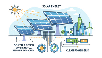 Vibrant vector illustration depicting the concept of solar energy and a clean power grid, featuring solar panels, wind turbines, a cityscape, batteries, and gears, symbolizing sustainable resource