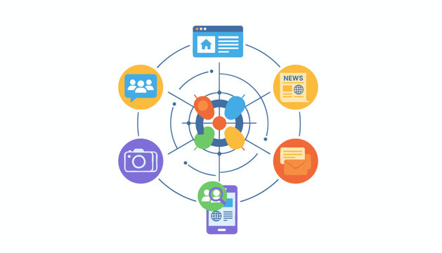 Vivid and colorful illustration depicting various communication channels and digital interactions, including social media, news, email, photography, and web browsing, all connected to a central hub