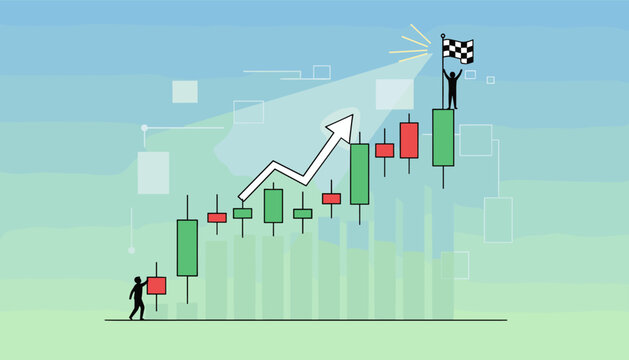 Vector illustration of a candlestick stock chart showing upward trend and success, with a silhouette of a person holding a checkered flag at the peak, symbolizing achievement and financial growth
