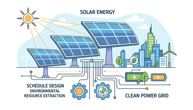Vibrant vector illustration depicting the concept of solar energy and a clean power grid, featuring solar panels, wind turbines, a cityscape, batteries, and gears, symbolizing sustainable resource