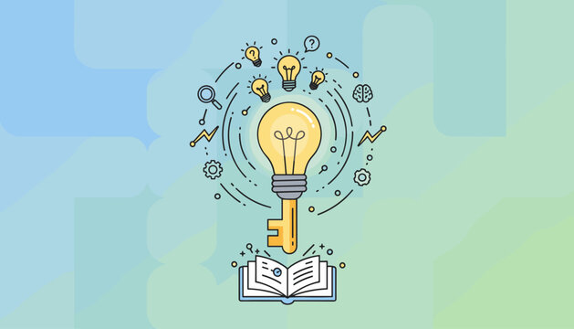 Vibrant vector illustration depicting a creative concept of an idea represented by a glowing light bulb atop a key, emerging from an open book, surrounded by symbols of innovation and learning, set