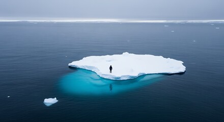Solitary Person Standing on Large Iceberg in Arctic Ocean Under Overcast Sky