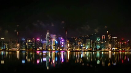 Stunning Hong Kong skyline illuminated by vibrant fireworks reflecting in the harbor at night a - Powered by Adobe
