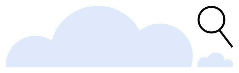 Large blue cloud with magnifying glass hovering nearby. Ideal for data search, cloud computing, investigation, analytics, digital research, storage solutions, scalable technology. Simple flat