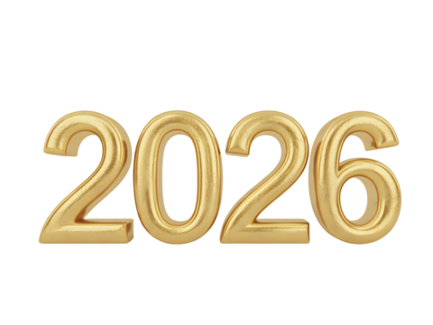 Golden 2026 year isolated on transparent background, future new year