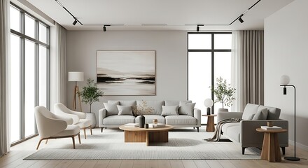 Elegant and Modern Living Room Interior Design with Minimalist Furniture and Abundant Natural Light