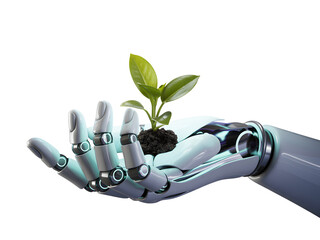 Robot hand holding a plant isolated on transparent background