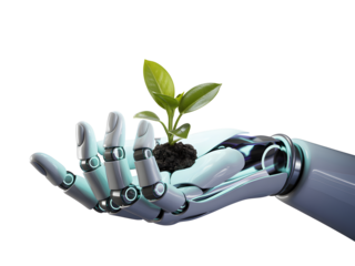 Robot hand holding a plant isolated on transparent background