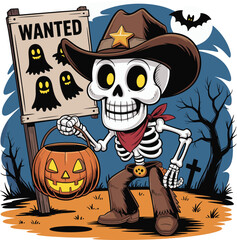 Spooky Wild West Skeleton Cowboy with Halloween Pumpkin Bucket Holding Wanted Poster and Ghost in the Graveyard, Full Moon with Bat Cartoon Character Vector