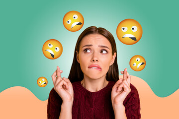 Collage of person surrounded by floating emoji icons expressing fun and different emotions happy joy angry oops lol