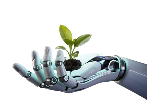 Robot hand holding a plant isolated on transparent background