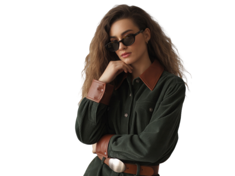 Stylish young woman wearing sunglasses and a jacket isolated on transparent background
