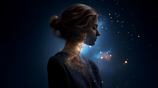 Female silhouette in cosmic dress against galaxy face obscured celestial fashion universal connection space spirituality cosmic consciousness ethereal beauty mystical