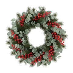 diverse Christmas wreath with decoration on white background. Holiday season festive illustrations.