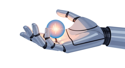 A metallic robotic hand gently holding a small glowing orb, representing innovation and creation, simple composition on white background.
