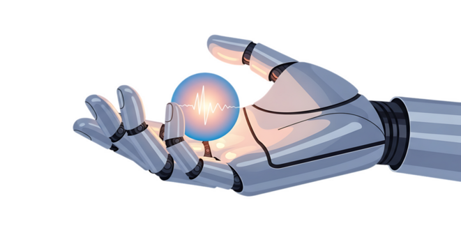 A metallic robotic hand gently holding a small glowing orb, representing innovation and creation, simple composition on white background.