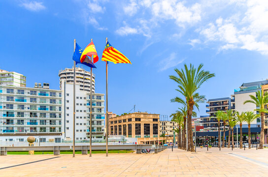 Plaza de SS. MM. los Reyes de Espana square with flags on poles, palm tree alley and building in Old town Benidorm city historic centre in summer day, Valencian Community, Spain