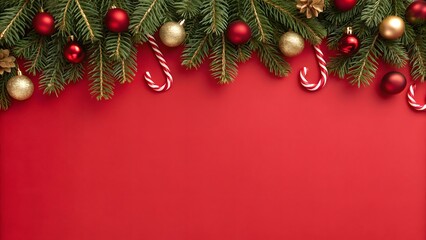 Obraz premium Festive christmas garland with red baubles and candy canes hanging above a vibrant red background for copy space