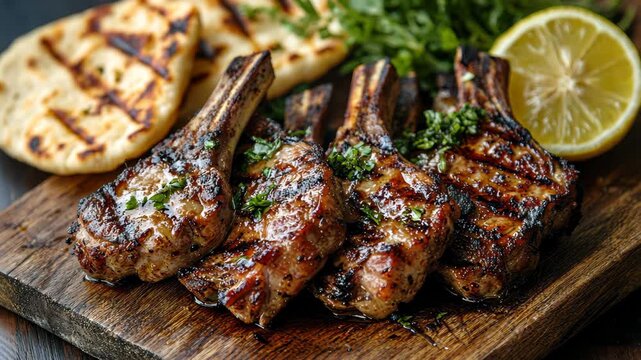 Grilling delicious lamb chops with fresh herbs and lemon on a wooden platter in a sunny backyard setting