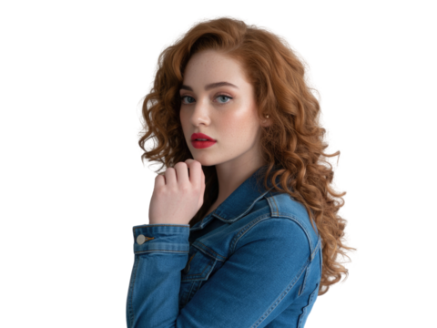 Young woman with red curly hair wearing denim jacket isolated on transparent background