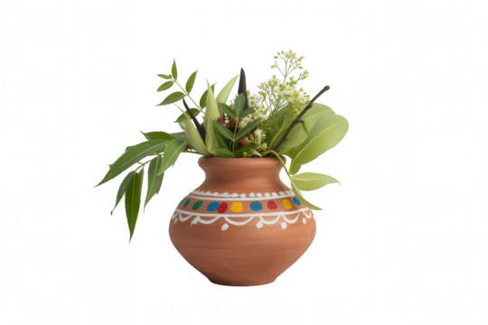 Clay pot with green leaves and Transparent Background white flowers on black background kalash vase