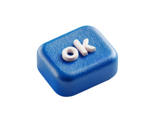 Blue Square Button with OK Text on Transparent Background: 3D Rendering Simple Style