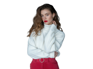 Woman in white sweater and red pants isolated on transparent background