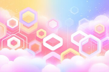 A soft pastel-colored abstract background featuring floating hexagons and cloud-like shapes, creating a dreamlike and surreal atmosphere.