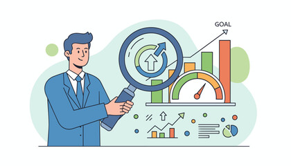 A businessman in a blue suit examines a magnifying glass over a circular graph with an upward arrow, symbolizing performance analysis and key performance indicators (KPIs) in business growth and goal