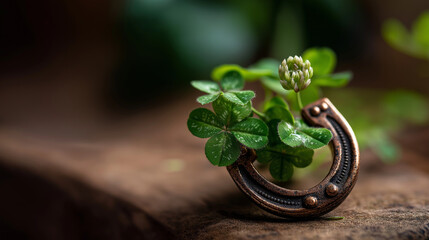 Lucky horseshoe with four leaf clovers no faces visible good fortune Irish luck shamrock symbols prosperity charm lucky symbol traditional blessing fortune attraction gree