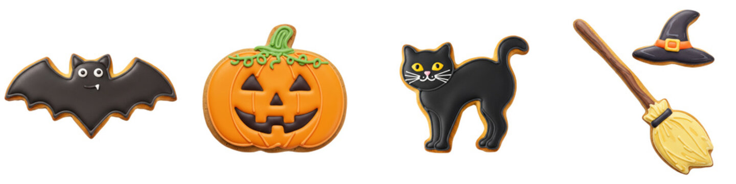 Set of halloween cookies, with icing decor featuring black cat, bat, pumpkin jack-o-lantern, witch's broom and hat. Bakery during autumn holiday season. Culinary workshop for kids