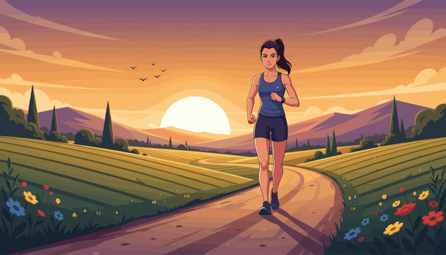 Vibrant cartoon illustration of a determined female athlete jogging on a winding dirt road through rolling green fields and hills during a breathtaking sunset, with a large sun setting behind distant