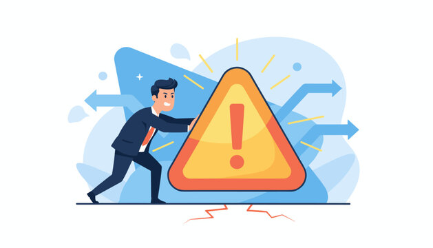 A determined businessman in a suit pushes a large, glowing yellow warning triangle with an exclamation mark, symbolizing risk, danger, or important alert, against a backdrop of blue abstract shapes